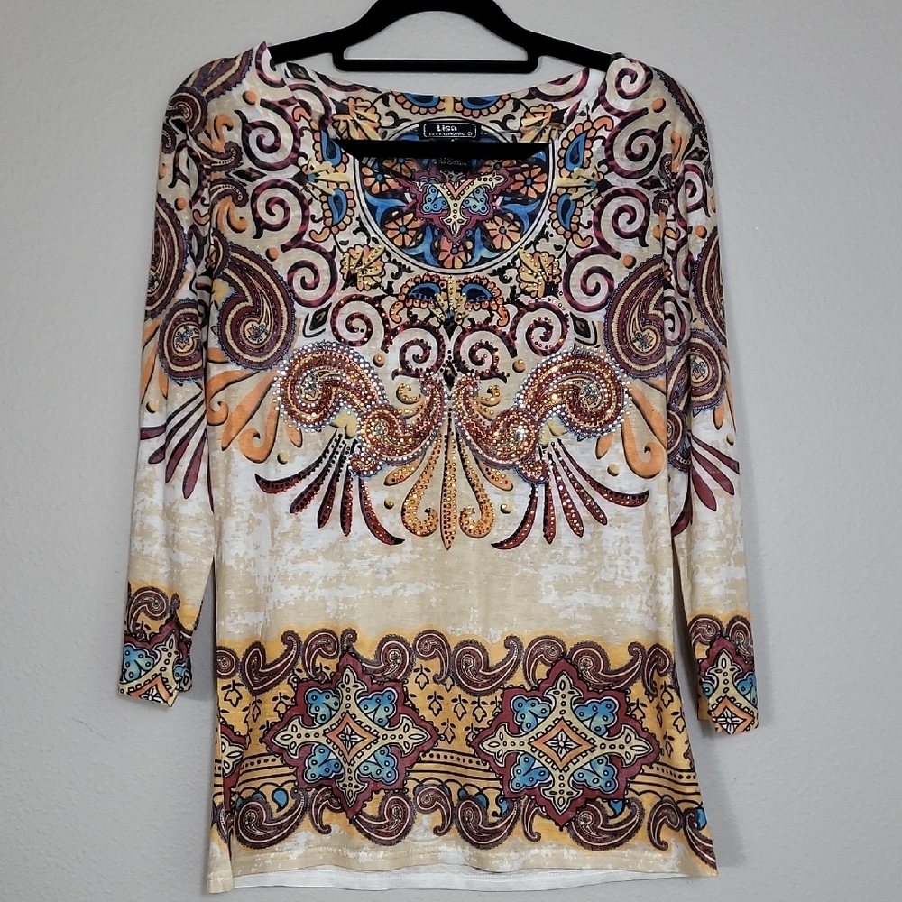 Y2K Lisa International Studded Embellished Top Size S Long Sleeve Multicolor